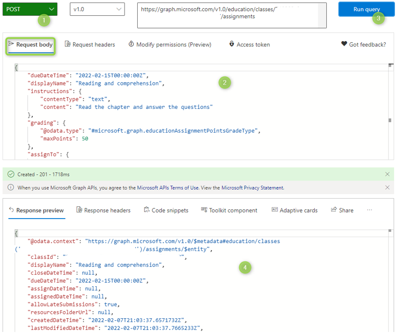 Screenshot of the Create assignment query request and response in Graph Explorer