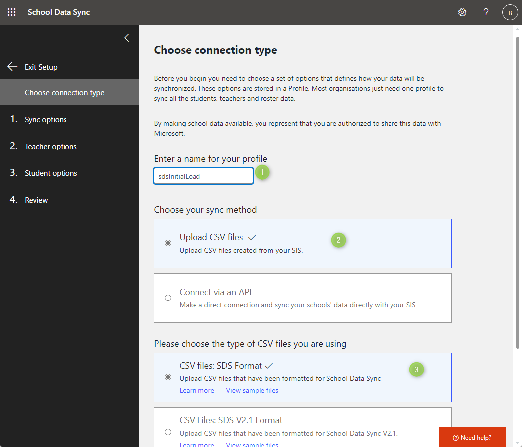 Screenshot of the Choose connection type page with options selected