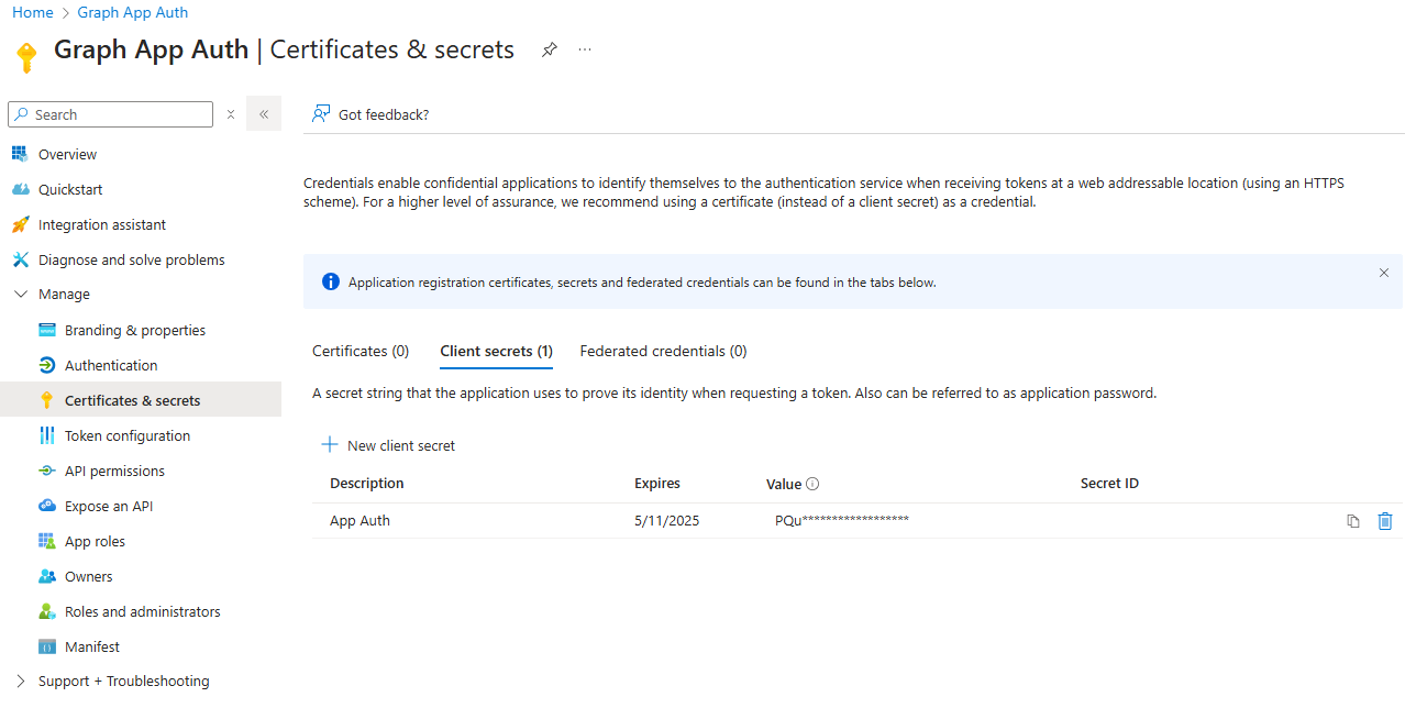 Screenshot of the app registration client secret page.