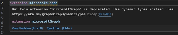 Built-in Microsoft Graph Bicep type warning