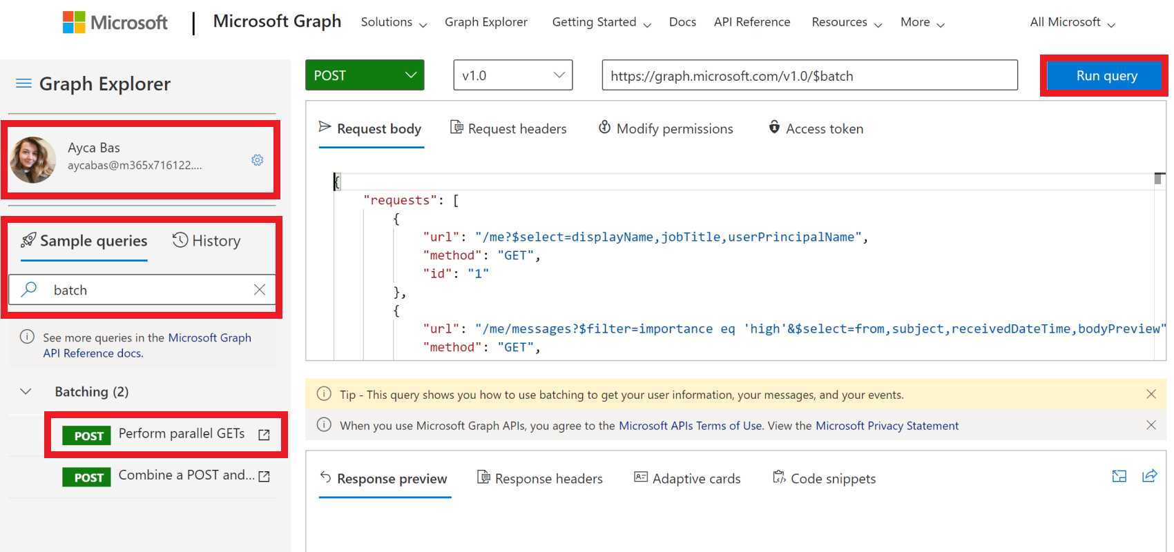 A screen shot of the Sample queries tab in Graph Explorer