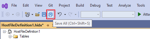 Screenshot shows Visual Studio toolbar with selection option for Save All.