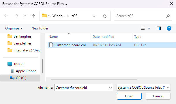 Screenshow shows the file explorer and a selected copybook to use for a host file.