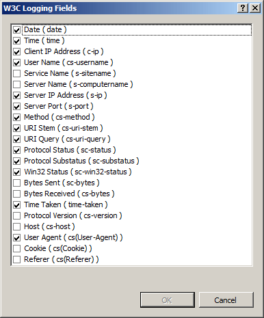 Screenshot of the W 3 C Logging Fields dialog box.