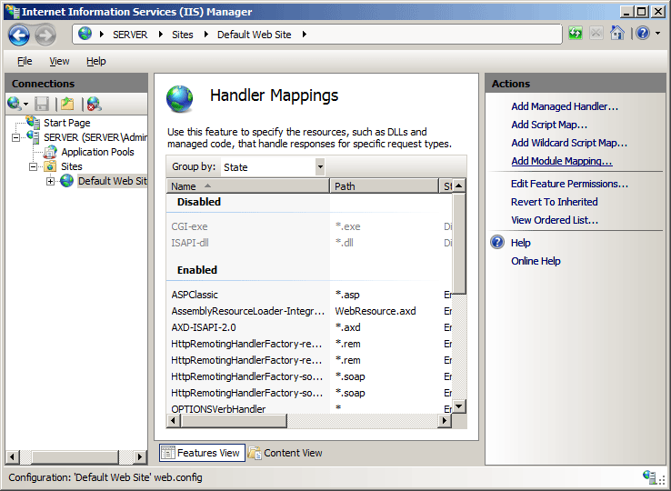 Screenshot that shows the Handler Mappings pane.