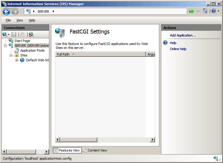 Screenshot that shows the Fast C G I Settings pane.