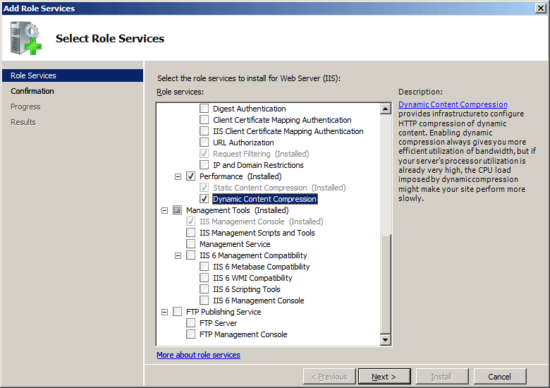 Screenshot shows Select Role Services page with Performance node expanded and Dynamic Content Compression highlighted.