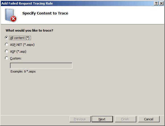 Screenshot of the Add Failed Request Tracing Rule wizard displaying the Specify Content to Trace page.