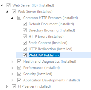 Screenshot shows Web Server and Common H T T P Features pane expanded with Web DAV Publishing selected.