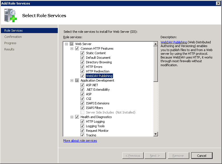 Screenshot of Select Role Services page showing Common H T T P Features node expanded and Web DAV Publishing selected.