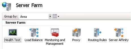 Screenshot of Server Farm. The Health Test icon, the Load Balance Icon, the Monitoring and Management icon, and other icons.