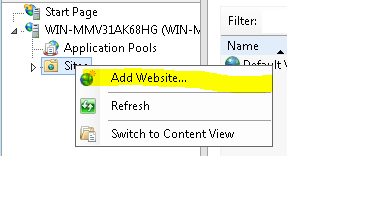 Screenshot of the I I S Manager navigation tree. The Sites option is selected and Add Website is highlighted.