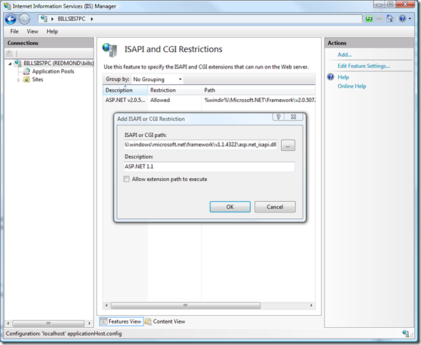 Screenshot of the Add I S A P I or C G I Rescriction dialog box over the I S A P I and C G I Restrictions screen.