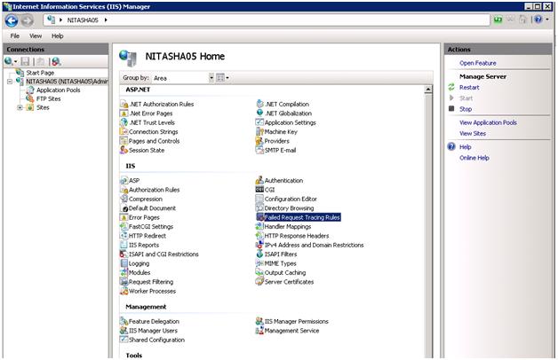 Screenshot of the I I S Manager window. The site home features are in the main pane. The Failed Request Tracing Rules icon is highlighted.