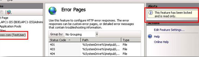 Screenshot of Error Pages is shown. On the right side of the page there is an alert saying, This feature has been locked and is read only, which is highlighted.