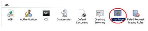 Screenshot of I I S Manager control panel with Error Pages module selected and highlighted.