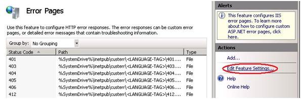 Screenshot of Actions pane in Error Pages displaying Edit Features Settings highlighted.