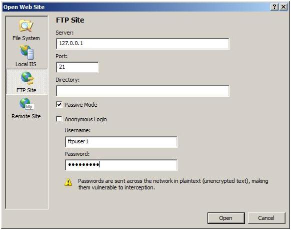 Screenshot of the Open Web Site dialog with the specified F T P Site information.