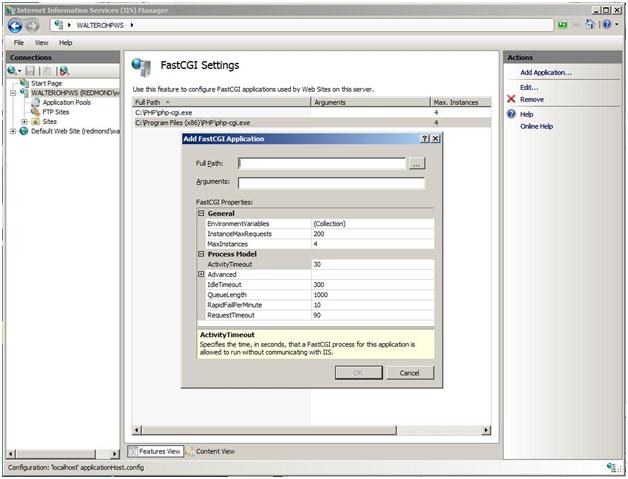 Screenshot that shows the Fast C G I Settings pane. The Add Fast C G I Application dialog box is open.