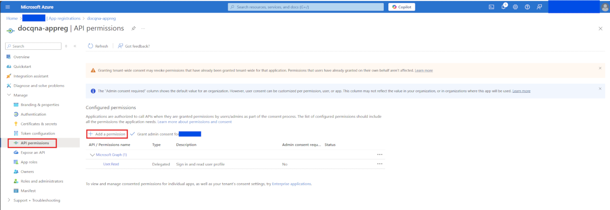 Screenshot of the page to add API permissions