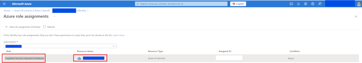 Screenshot of the page to verify the role assignment to the OpenAI resource.