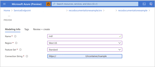 Enter Name, Region, Feature Set, and path.