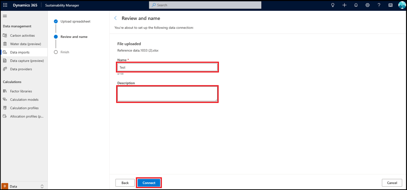 Screenshot showing how to enter information for the Excel template import.