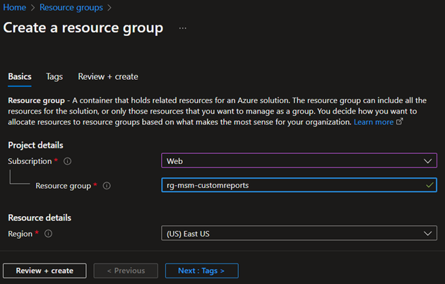 Screenshot of Create a resource group page.