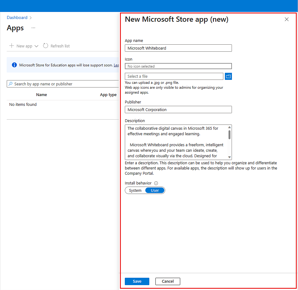 Example image of the app properties pane for a new Microsoft Store app that shows all properties filled out and ready to save.