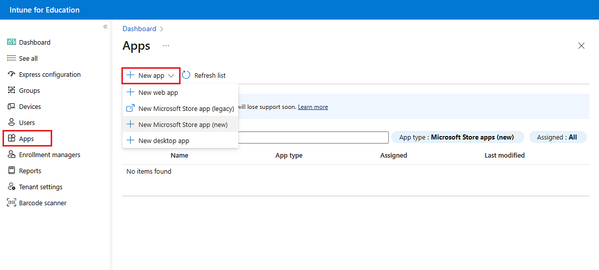 Example image of Intune for Education user interface, highlighting "Apps" and "New app" labels to show how to get to the new Microsoft Store experience.