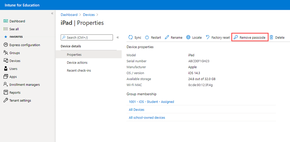 Screenshot of Intune for Education iPad Properties page highlighting the Remove passcode option.