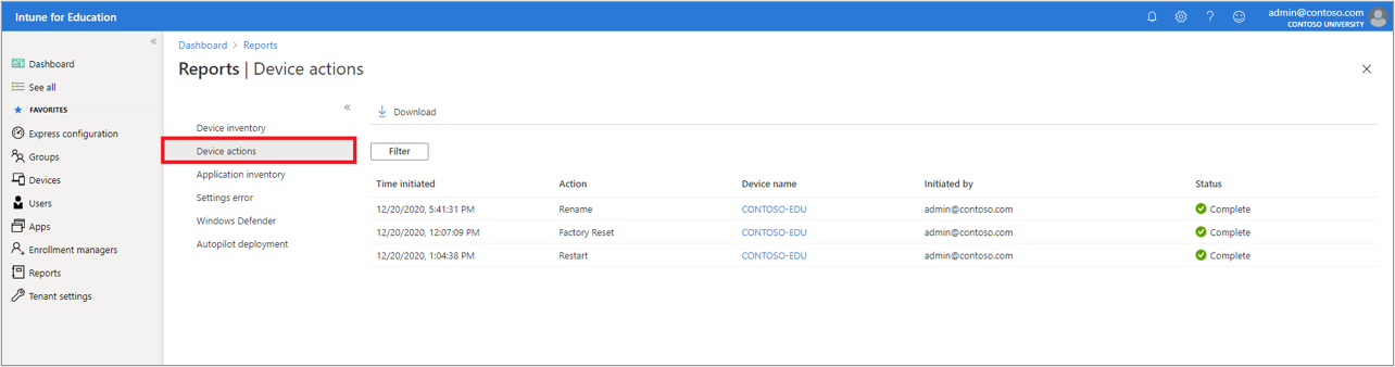 The device action report screen, showing a list of devices under Intune for Education management.