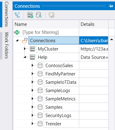 Screenshot of the Connections panel that shows the Help cluster's databases.