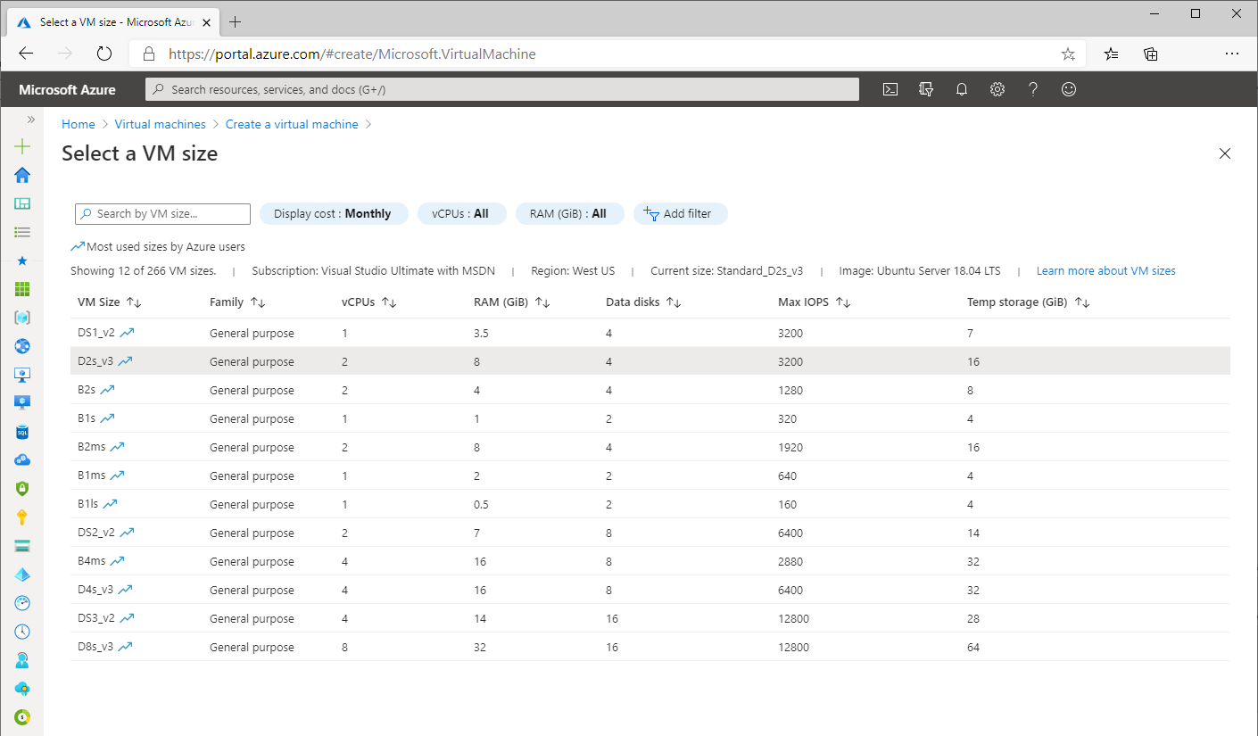 Select Linux VM size on Azure screenshot