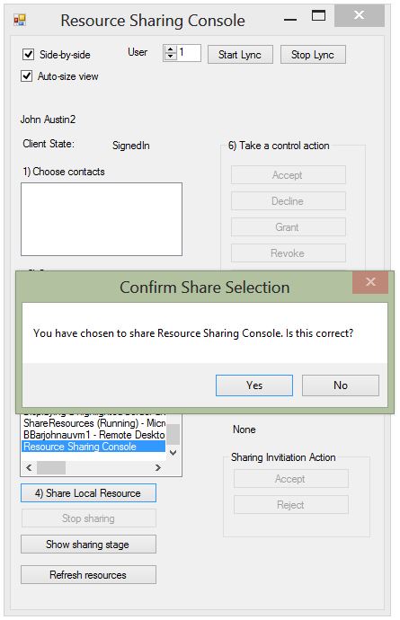 Application sharing confirmation dialog box