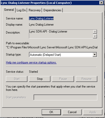 Lync Dialog Listener Properties sheet