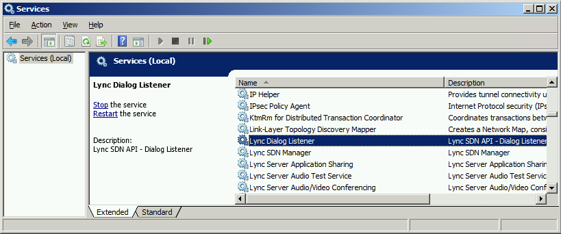 Search dialog box for the Lync Dialog Listener entry