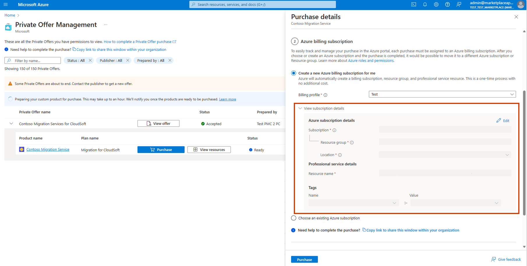 Screenshot of the checkout blade subscription details for professional services.