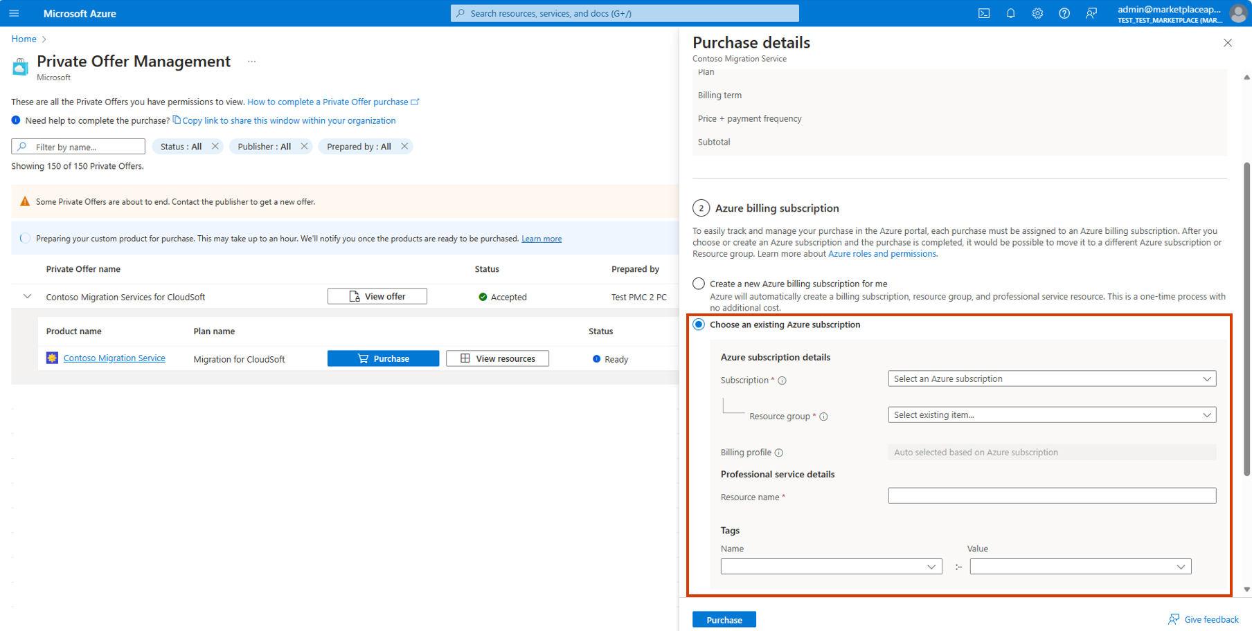 Screenshot that shows the option to choose an existing Azure subscription selected during checkout of a professional service purchase.