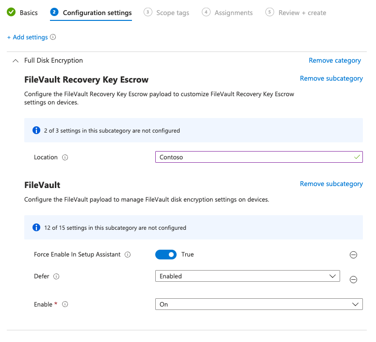 Screenshot of the settings needed to enable File Vault in Setup Assistant.