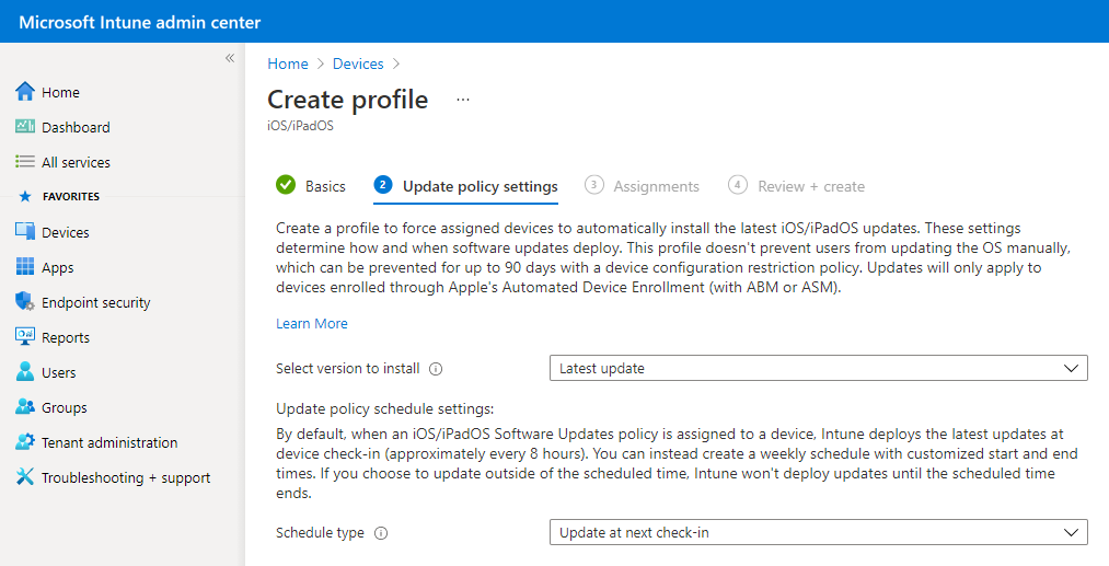 Screenshot that shows sample software update policy settings in Microsoft Intune.