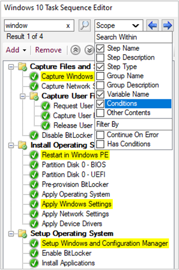 Searching in the task sequence editor.