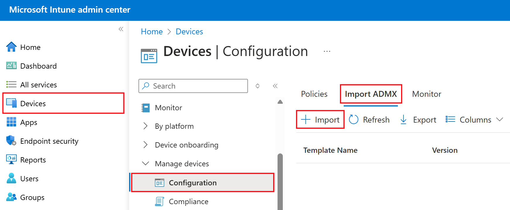 Screenshot that shows how to add or import custom ADMX and ADML. Go to Devices > Configuration profiles > Import ADMX in the Microsoft Intune admin center.