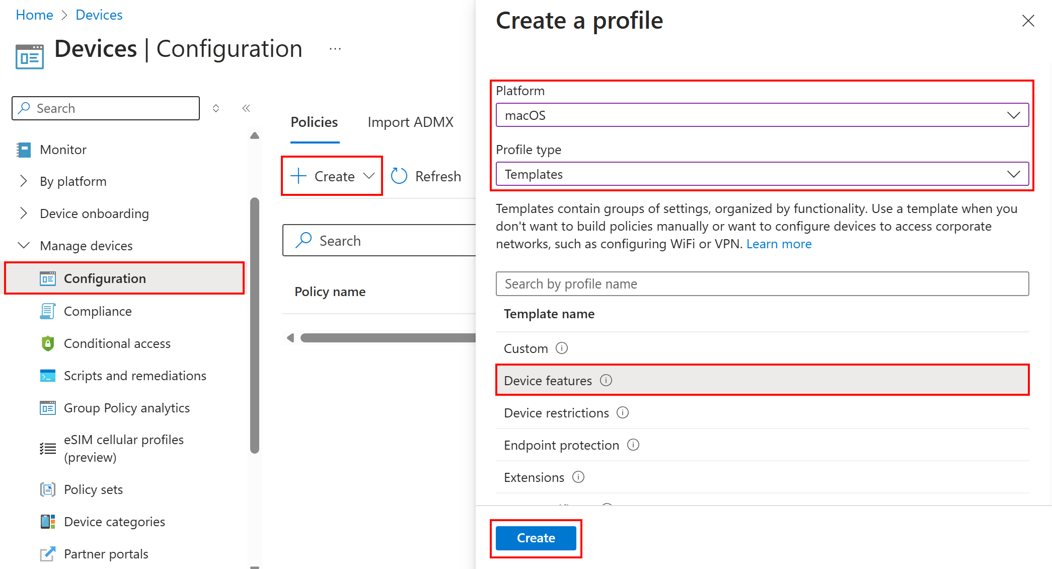 Screenshot that shows how to create a device features configuration profile for macOS in Intune.