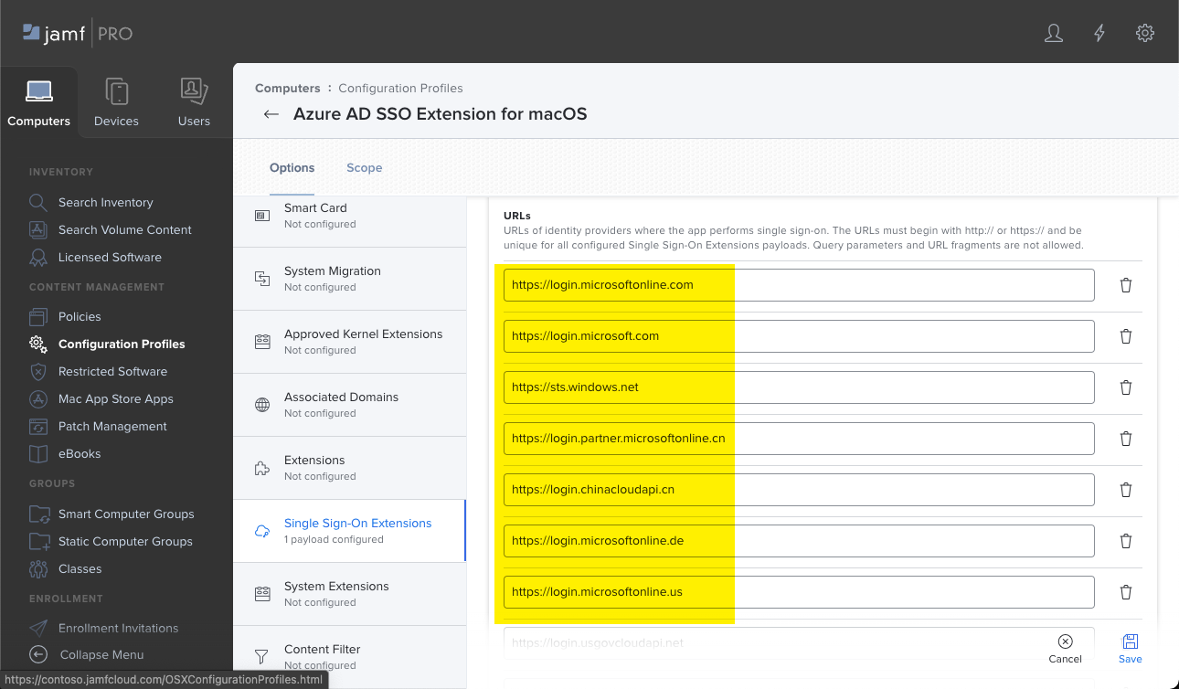 Screenshot that shows the Jamf Pro portal and the SSO URLs for macOS devices.