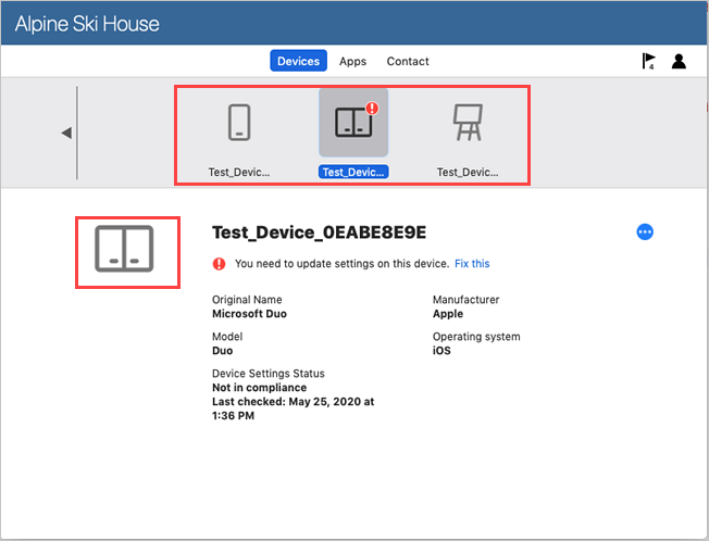 Image of Company Portal for macOS, Devices tab, highlighting updated icons.