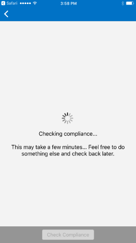 Screenshot shows Company Portal app for i O S / i Pad O S before update, Checking compliance message.