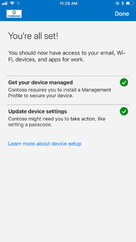 Screenshot shows Company Portal app for i O S / i Pad O S before update, You're all set screen.