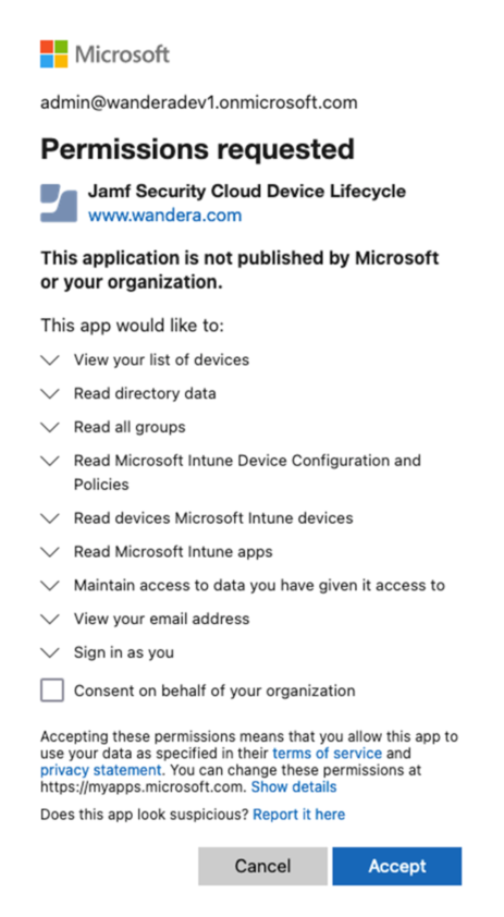 Screen shot of the permissions that you accept.