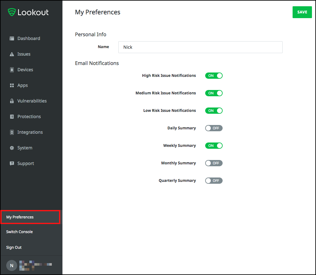 screenshot of the preferences page with the user account displayed